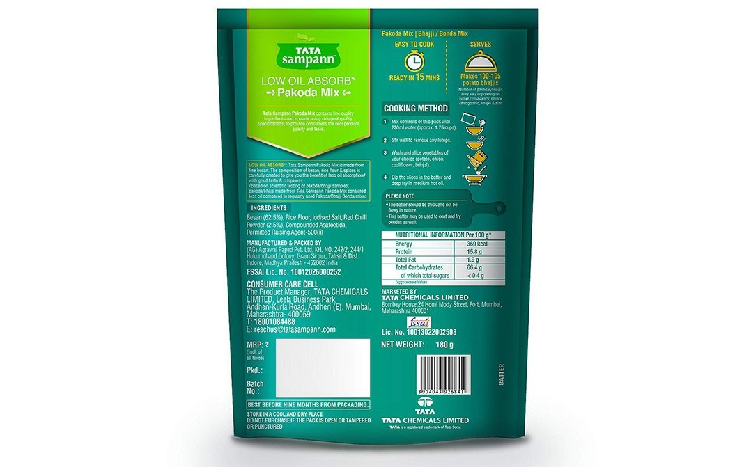 Tata Sampann Low Oil Absorb Pakoda Mix Bhajji/Bonda Mix   Pack  180 grams